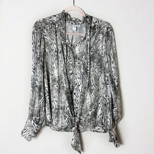 Joie Snake Animal Print Bow Tie Neck Button Up Blouse Sz Medium